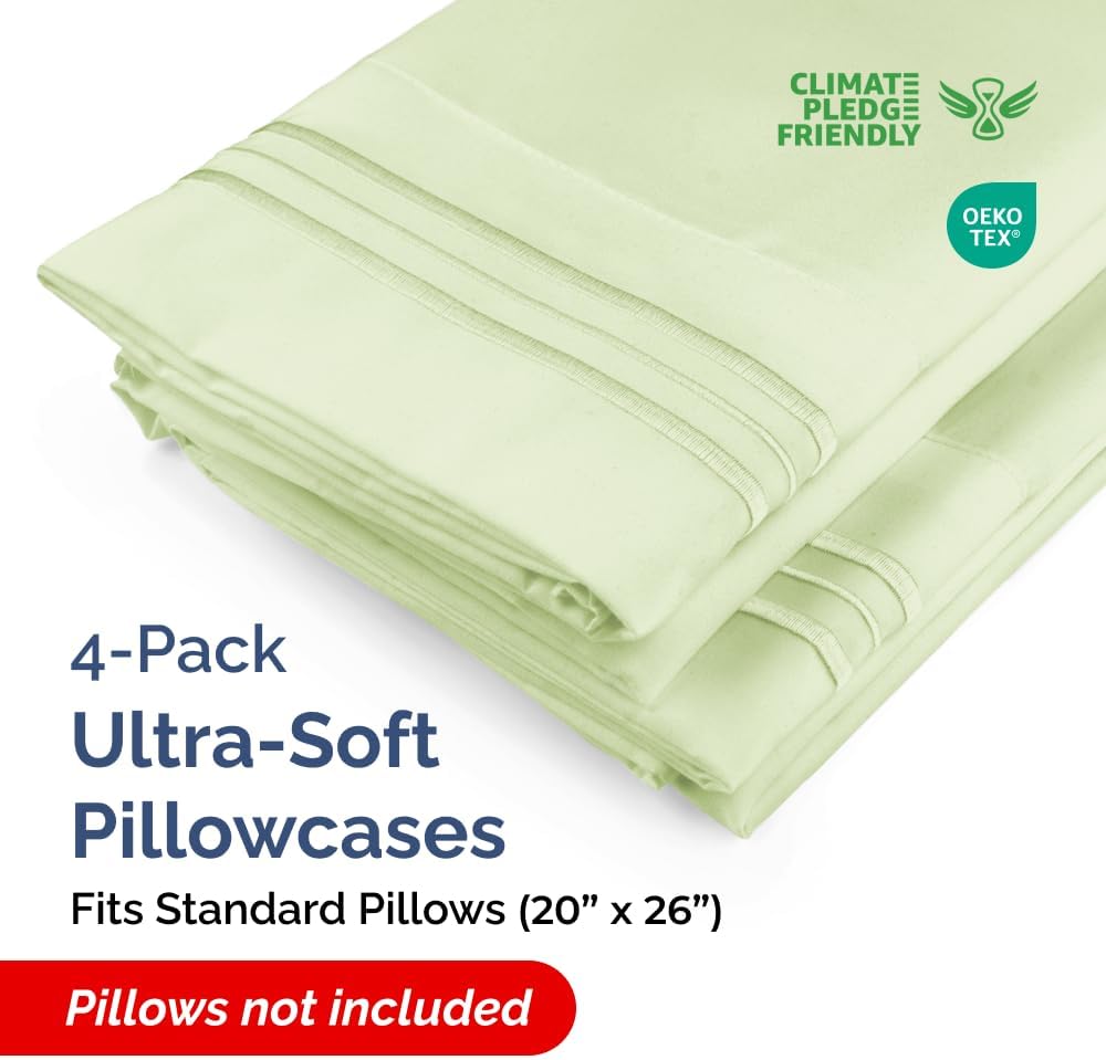 Standard Pillow Cases Set of 4 | Soft Hotel Quality Covers - Comfy Light Sage Green Bedding for All Ages