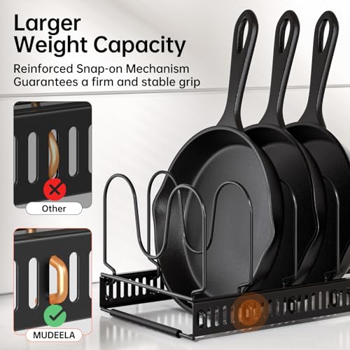 MUDEELA Expandable Pot Pan Lid Organizer Rack 2-Pack Black with 10 Dividers