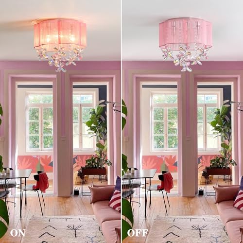 Pink Mini Chandelier Ceiling Light - 13-Inch Crystal Flush Mount with Handmade Flower Lampshade for Girls' Bedroom, Nursery, Dinning Room - Variation: Pink / 13" Ceiling