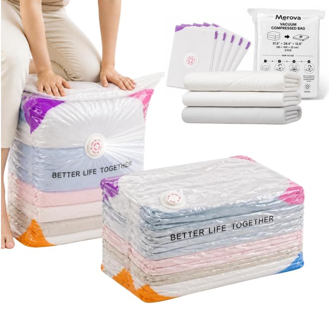 XL No-Pump Vacuum Storage Bags 5 Pack - Space Saver for Comforters, Bedding, Clothes