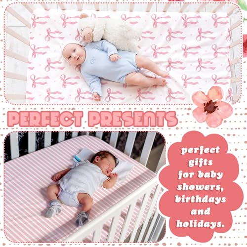 Peryiter 4 Pack Pink Crib Sheets with Coquette Bow - Fitted Microfiber Bedding for Standard Cribs 52'' x 28''