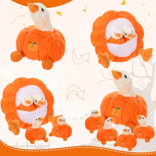 Halloween Pumpkin Goose Gift Stuffed Animals, 5 in 1 Cute Mommy Stuffed Goose Plush with 4 Small Geese, Geese Plushies Pillow for Birthday Gifts Thanksgiving Party Favor Decor(Orange)