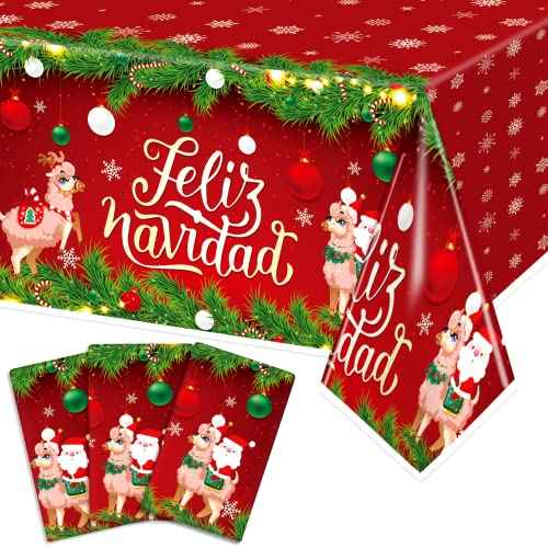 3 Pcs Feliz Navidad Decorations Tablecloth, Red Feliz Navidad Sign Tablecovers, Feliz Navidad Decorations for Home Spanish Christmas Decorations Tablecloth for Christmas Xmas Party 54 x 108 Inch