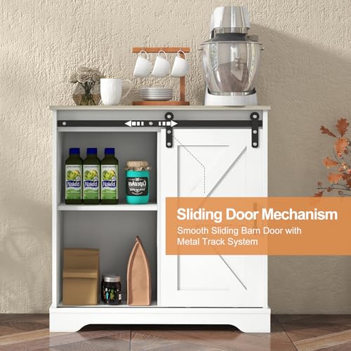 Sliding Barn Door Buffet Sideboard Storage Cabinet - White with Nature Top - Farmhouse Style