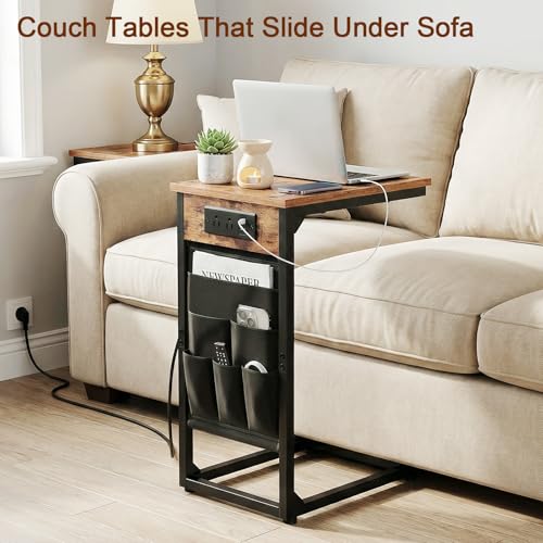 C Shaped End Table with Charging Station - Rustic Brown, Set of 2