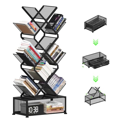 Big Black 9-Tier Space Saving Tree Bookshelf - Folding Metal Storage Shelf