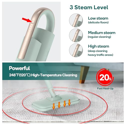 Steam Mop & Handheld Cleaner with 11 Brushes - Green, 1200W, Fast Heating