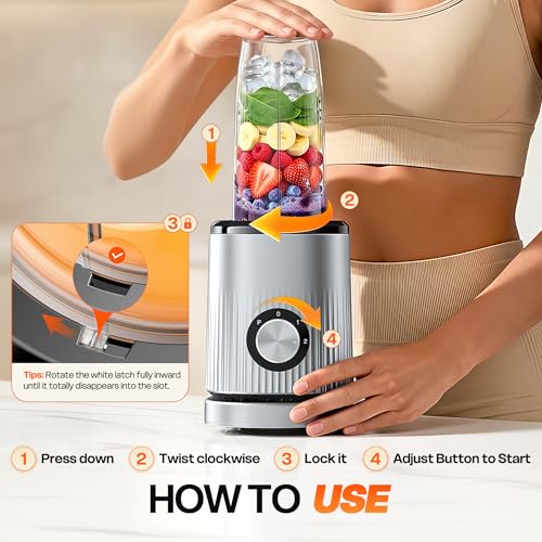 Turelar Silver Grey Smoothie Blender with 2 16.9oz To-Go Cups - Portable Personal Blender for Shakes & Smoothies