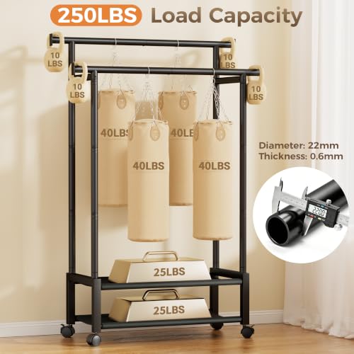 SpaceHidden Black Double Rod Clothing Rack with 2 Shelves, Rolling, Wobble-Free