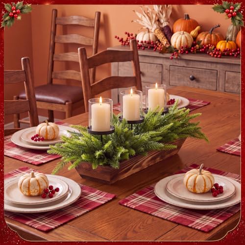 Suttmin Norfolk Pine Stems Christmas Candle Holder Centerpiece with Metal Candle Column, Wooden Base & Glass Covers