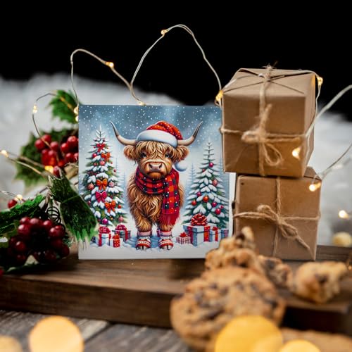 Nvotell Christmas Highland Cow Wooden Sign 5x5in - Western Highland Cow Box Sign, Christmas Cow Lovers Gift (Variation: Christmas Cow 07)