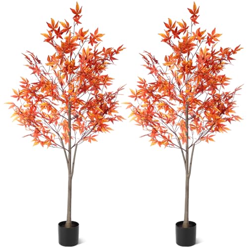 Daifunli 2 Pack 5ft Artificial Maple Trees for Fall Decor with Autumn Leaves