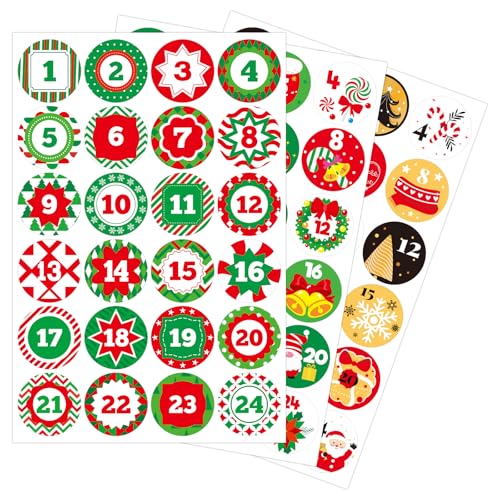 288 Pcs Christmas Advent Stickers 1-24 Number Stickers Christmas Countdown Labels DIY Advent Calendar Labels for Gift Boxes Craft Xmas Party Supplies