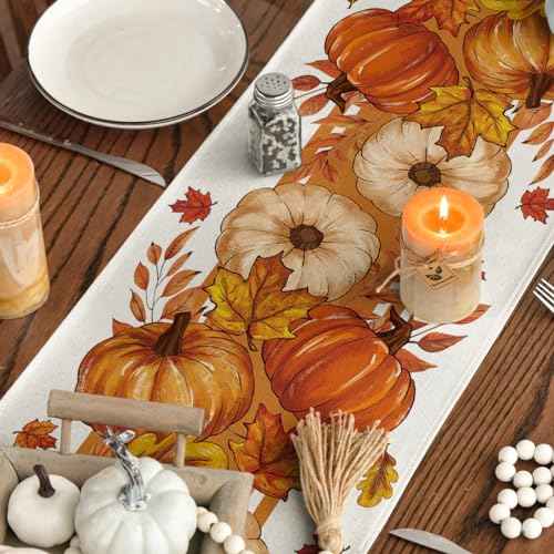 Artoid Mode Orange Pumpkin Maple Leaf Stripes Fall Table Runner, Seasonal Autumn Kitchen Dining Table Decoration for Home Party Decor 13x72 Inch
