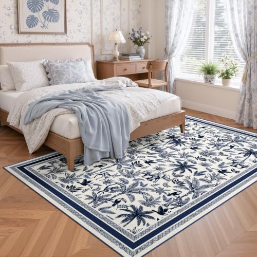Arenarug 5' x 7' Blue French Country Toile Area Rug, Washable & Non-Slip Backing