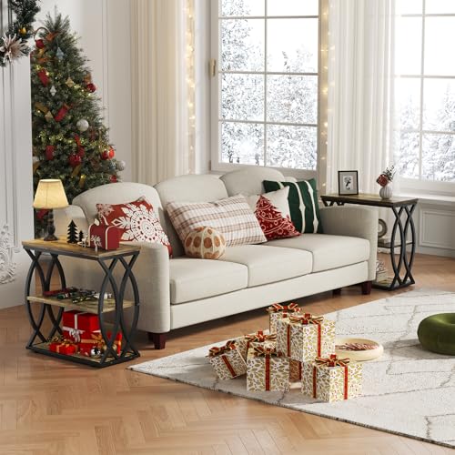 Narrow 3-Tier End Table with Rustic Brown Wood Top and Metal Frame for Small Spaces