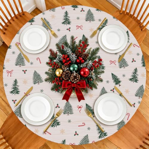 Exacmos Xmas02 52-Inch Elastic Round Water-Resistant Tablecloth for Holiday Decor