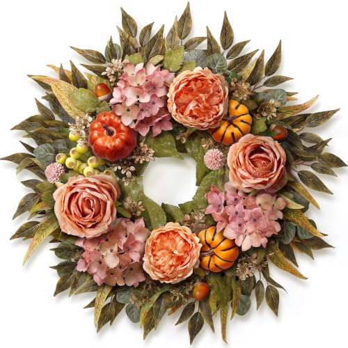 24 Inch Fall Artificial Hydrangea Pumpkin Wreath for Front Door Decor