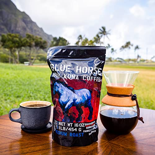 Blue Horse Kona Coffee 16 oz Medium Roast Whole Bean - Authentic Hawaiian Organic