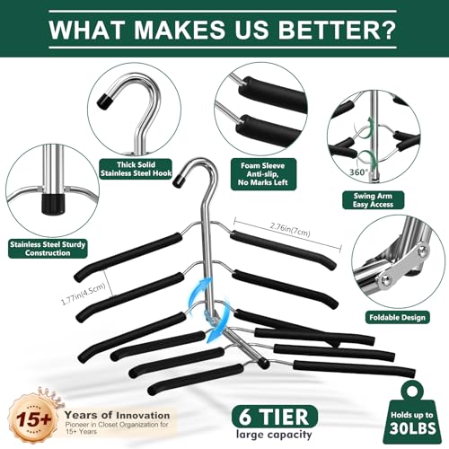 Space Saving 6-Tier Clothing Hangers with Non-Slip Foam Padding - Black, 3 Pack