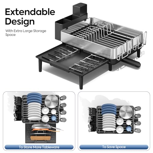 Urackify Expandable Dish Drying Rack - Large Capacity Stainless Steel, Silver with Black