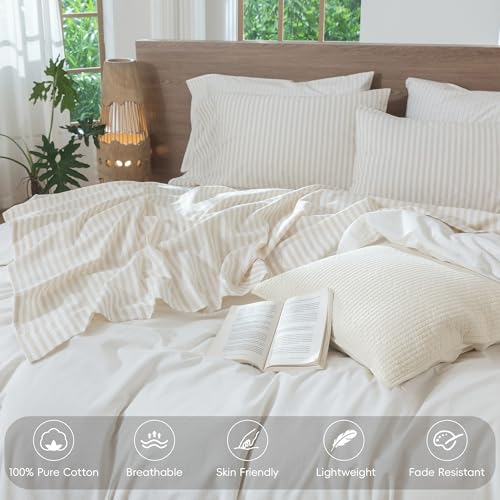 King Striped Cotton Linen-Like Sheet Set - Almond Milk Grey, Classic Stripes