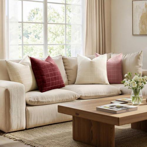 MIULEE Burgundy Plaid Throw Pillow Covers Set of 2, 18x18 Inches, Decorative Home Accent