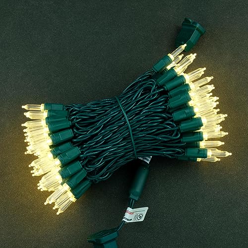 YULETIME 100 Warm White T5 LED Christmas Lights, 33 ft Waterproof, One-Piece Green Wire
