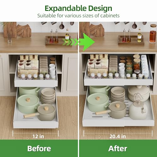 PAKETA 4 Pack Expandable Pull Out Cabinet Organizer 21" Deep, White, Adjustable Width 12-20"
