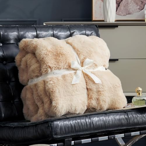 Beige Faux Fur Throw Blanket - Twin 60x80 Inches Cozy Plush Bubble Design