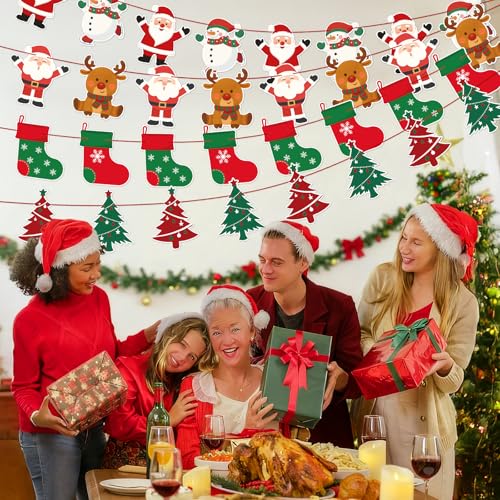 jijAcraft Christmas Banners 4 Pack ? Xmas Decorations with Santa, Snowman, Reindeer & Tree Designs, Pre-Assembled Hanging Bunting Garland for Christmas Party, New Year, School, Office, Fireplace