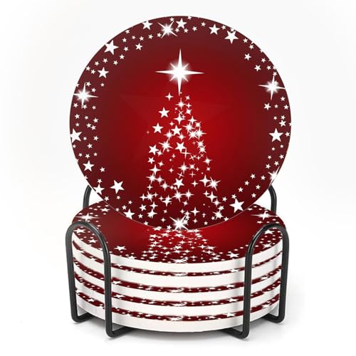 Christmas Tree Sparkling Stars Coasters Set of 6 with Metal Holder, Absorbent Ceramic Holiday Drink Coasters
