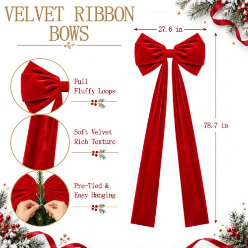 RINOLY Red Velvet Christmas Tree Topper Bow - Large 27.6 x 78.7 Inches