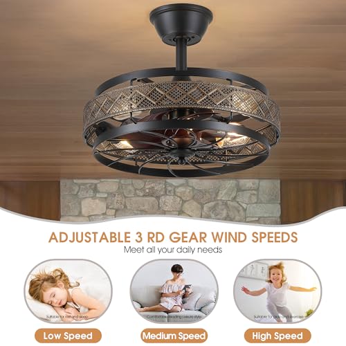 SHIHOT 18-Inch Retro Black Industrial Cage Ceiling Fan with Lights & Remote - Reversible, Quiet Operation