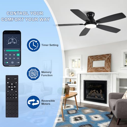 NKPU 52 Inch Black Ceiling Fan with Lights, Remote & APP Control, Low Profile Flush Mount DC Motor, Indoor/Outdoor