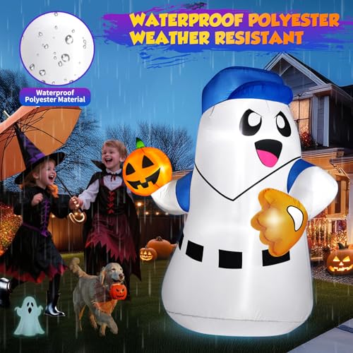 5FT Halloween Inflatable Ghost Pitcher with Pumpkin Baseball Outdoor Yard Decoration LED Lights