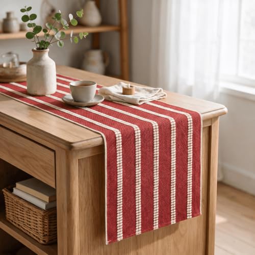 Artoid Mode Red Farmhouse Dashed Stripe Table Runner 12x72 Inch, Holiday & Rustic Kitchen Decor