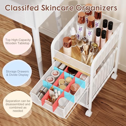 Hongtamoya White Narrow Rolling Makeup Cart with 2 Drawers - Under Desk Organizer