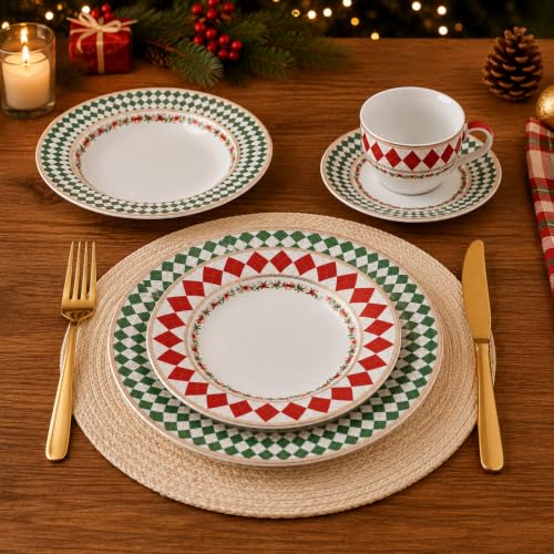 Christmas Argyle Gold Trim Porcelain Dinnerware Set 40-Piece for 8 - Roeveca