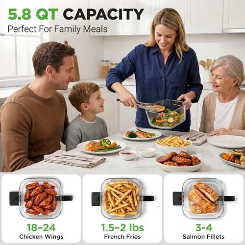 NutriChef White 5.8 Quart Glass Air Fryer with 8-In-1 Digital Presets, Compact Stainless Steel Design
