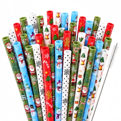Christmas Reusable Plastic Drinking Straws - 30 Pack, 9 Inch Hard Straws with Designs