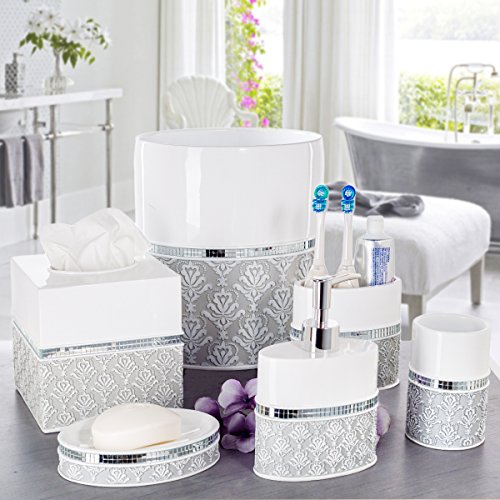 Resin Bathroom Accessories Set with Mirror Damask Design - 6 Pieces