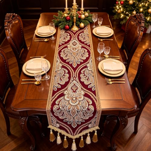 Christmas Burgundy Paisley Jacquard Table Runner 14x63 Inch with Tassels