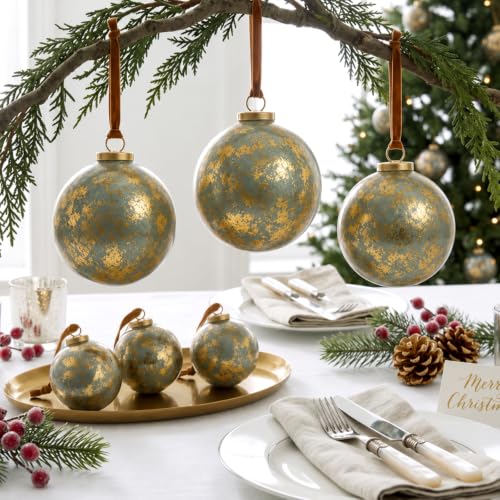 Civaner 6 Pcs Vintage Christmas Glass Ornaments Set – 4in & 3.14in Antique Gold Copper