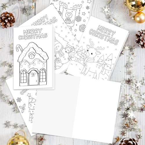 Kids Coloring Christmas Cards Set with Envelopes and Stickers - 6 Pack, Holiday DIY Holiday Crafts