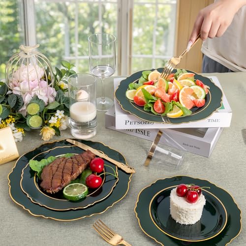 Liacere Green Plastic Plates 350pc Set with Gold Rim, 50 Guests Includes Napkins, Silverware & Cups - Green/Gold, 50 Dessert Plates