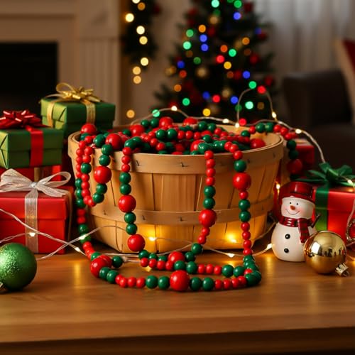 Zeyune 1 Piece Christmas Beads Garland 66 Feet Red & Green Rustic Decor