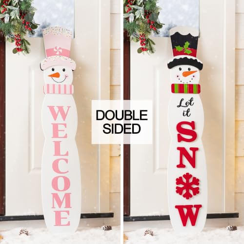 Reversible Snowman Porch Sign 42" Double-Sided Welcome Let It Snow | Glitzhome