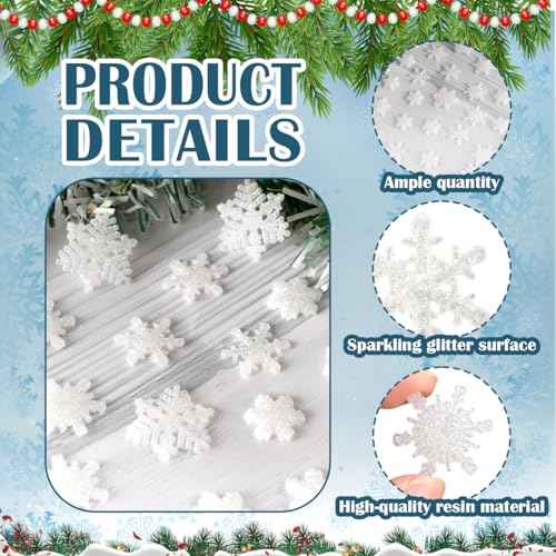 100pcs Small Snowflakes for Craft, White Glitter Resin Mini Snowflake Ornament Christmas Decorations for Christmas Embellishments Xmas Tree Winter Party DIY Craft Decor