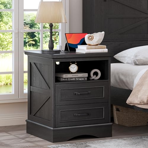 Fluest 24-Inch Farmhouse Nightstand with Fast Charging Station, Rustic Black